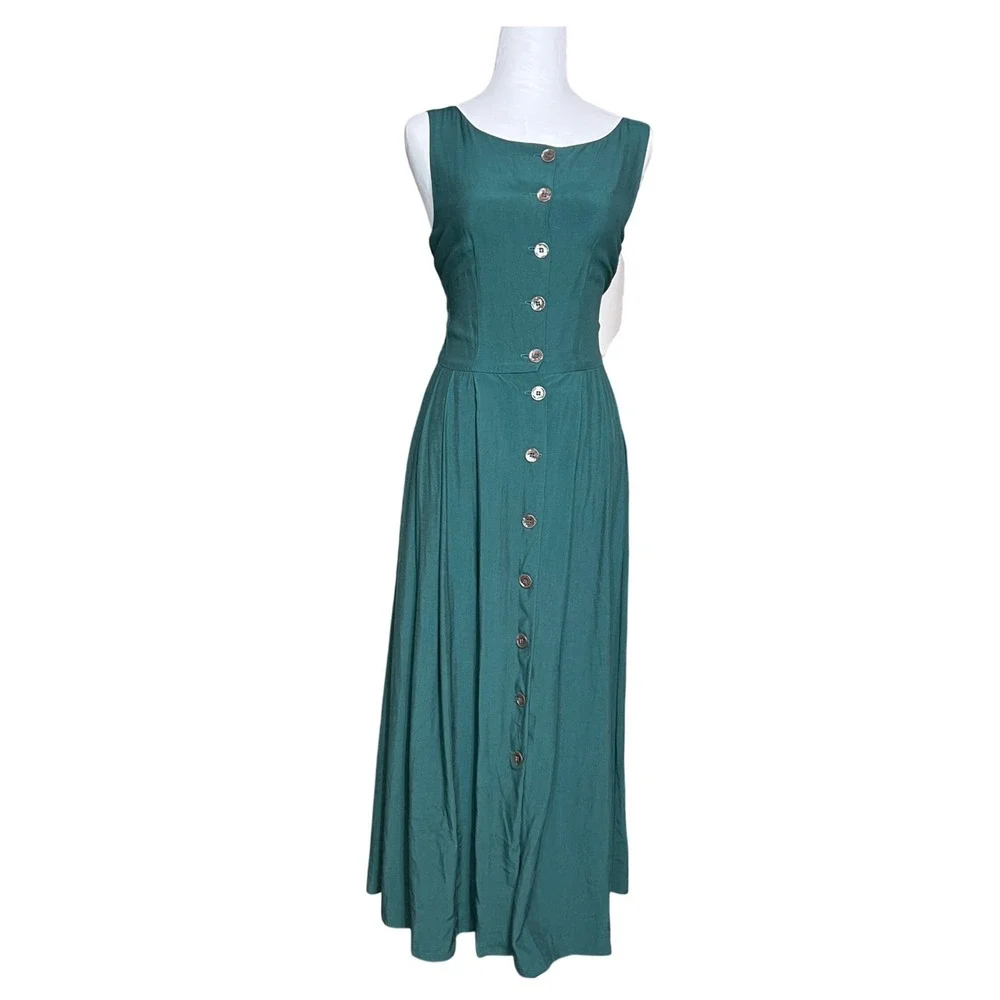 Vintage Green Button Down Maxi Dress with Blazer & Belt Outfit Boho Chic - Picture 3 of 7